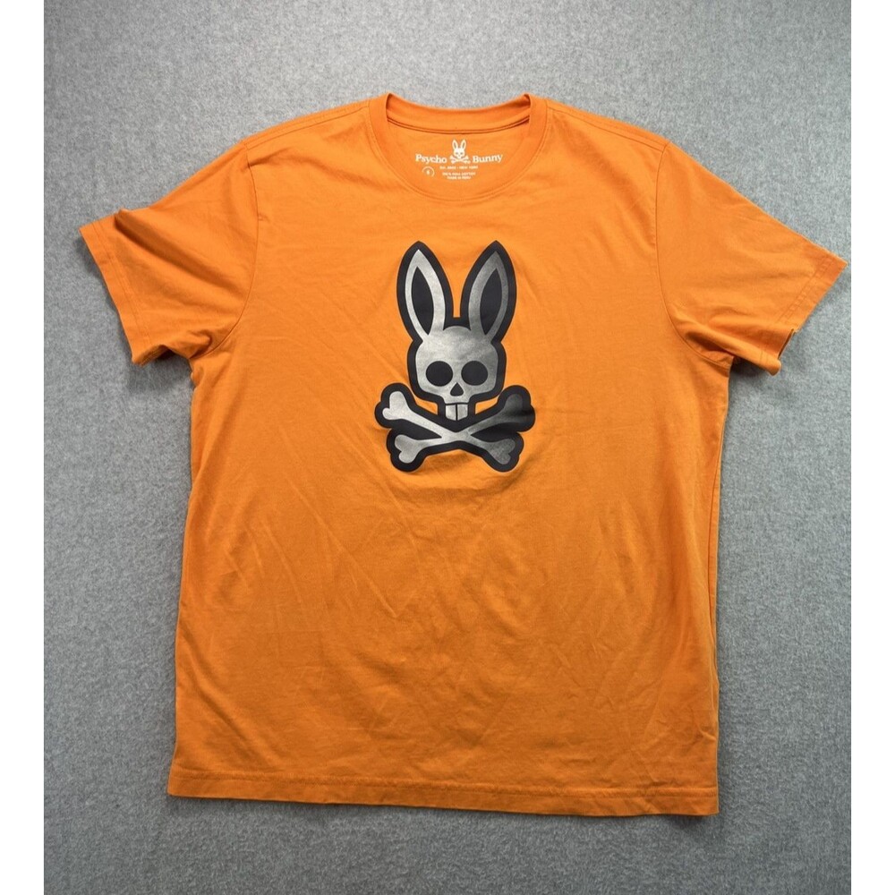 Psycho Bunny Mens Copa Graphic Logo T Shirt Large Orange Crew Neck Short Sleeve